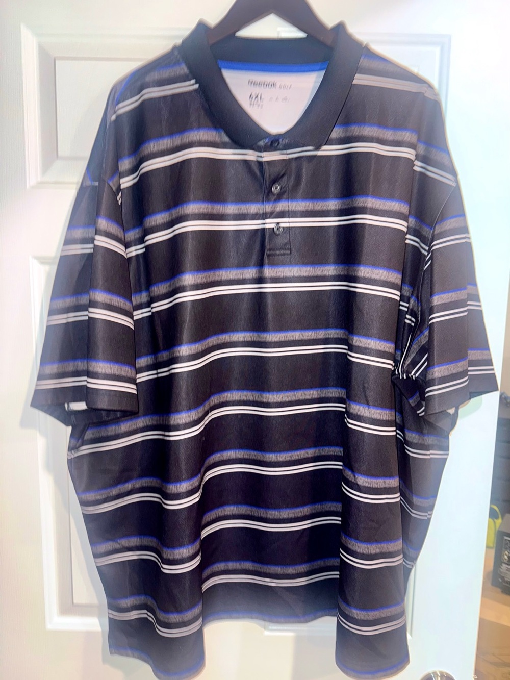 Men's Black Striped Polo Shirt with Blue and White Accents